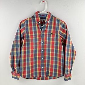 Lacoste Red Blue Plaid Button Down Shirt Boys Size 12